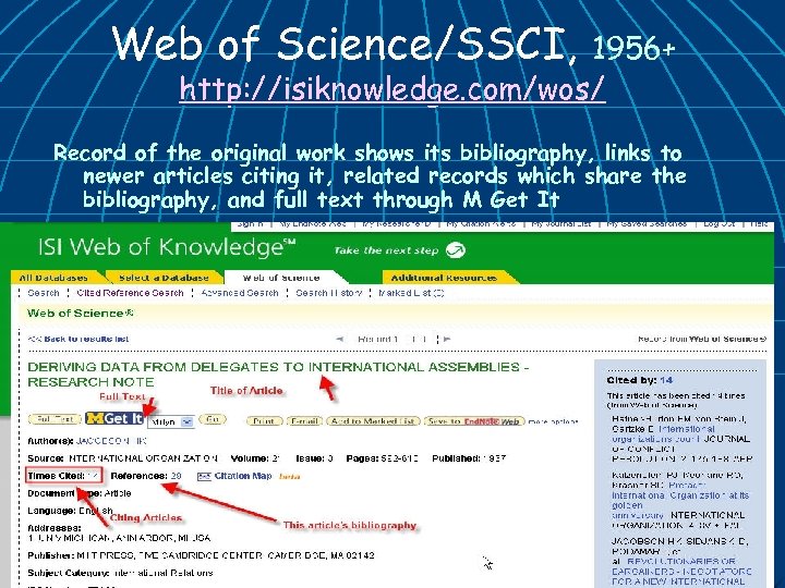 Web of Science/SSCI, 1956+ http: //isiknowledge. com/wos/ Record of the original work shows its