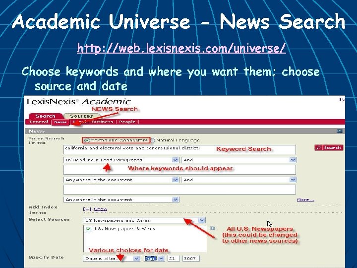 Academic Universe - News Search http: //web. lexisnexis. com/universe/ Choose keywords and where you