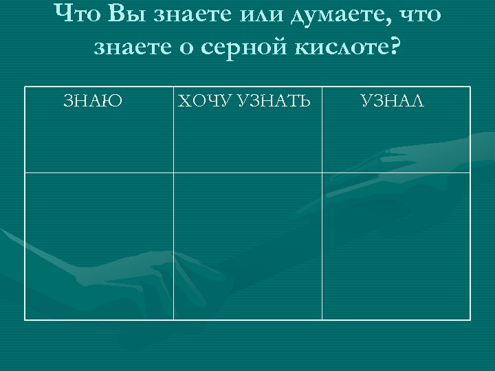 Что Вы знаете или думаете, что знаете о серной кислоте? ЗНАЮ ХОЧУ УЗНАТЬ УЗНАЛ