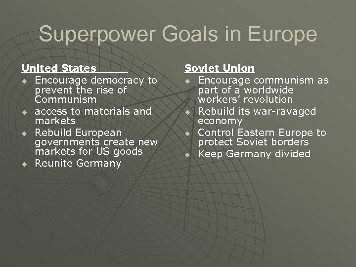 Superpower Goals in Europe United States u Encourage democracy to prevent the rise of