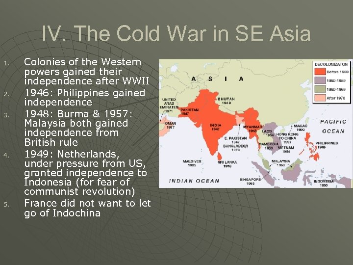 IV. The Cold War in SE Asia 1. 2. 3. 4. 5. Colonies of