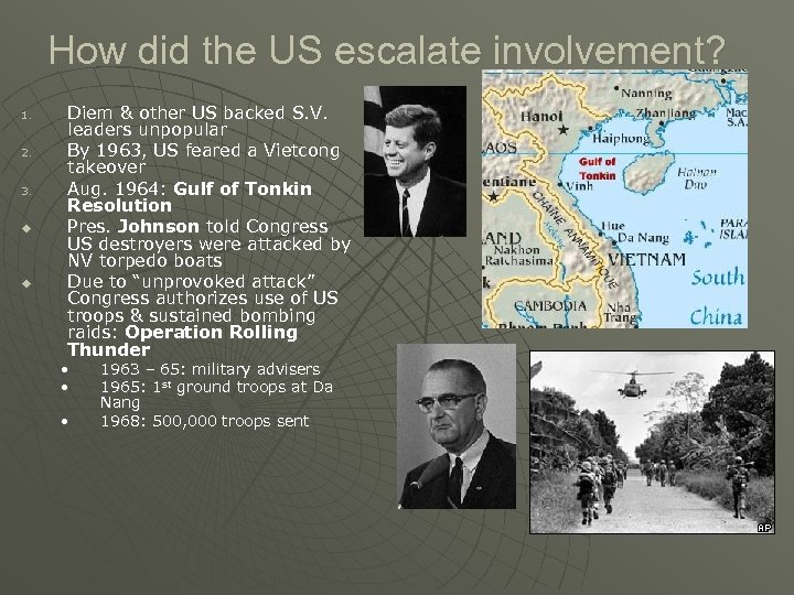 How did the US escalate involvement? 1. 2. 3. u u Diem & other
