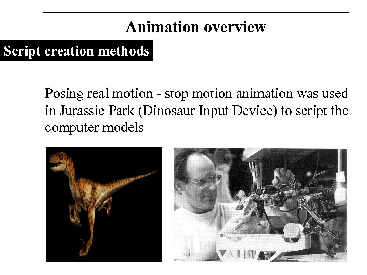 Animation overview Script creation methods Posing real motion - stop motion animation was used