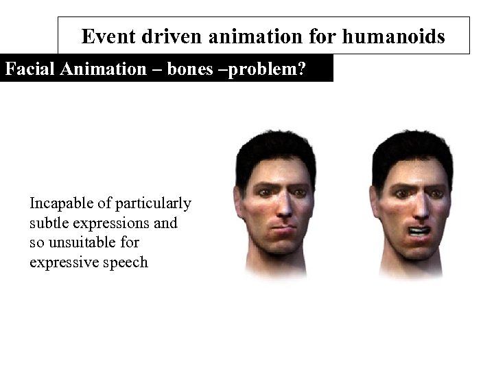 Event driven animation for humanoids Facial Animation – bones –problem? Incapable of particularly subtle