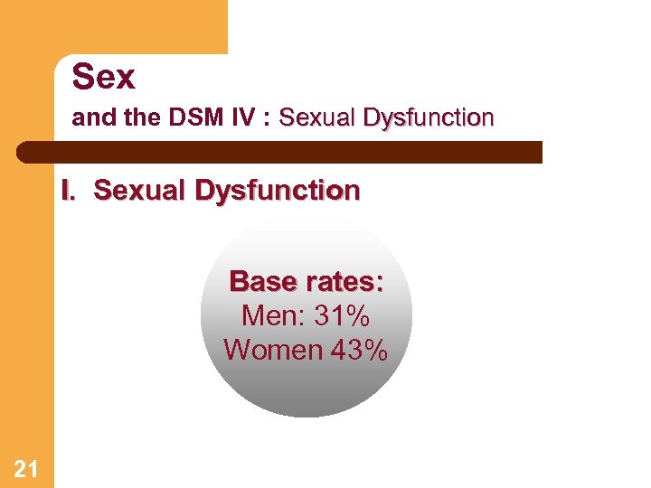 Sex and the DSM IV : Sexual Dysfunction I. Sexual Dysfunction Base rates: Men:
