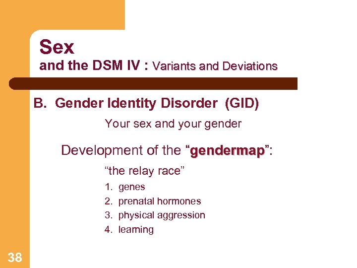 Sex and the DSM IV : Variants and Deviations B. Gender Identity Disorder (GID)