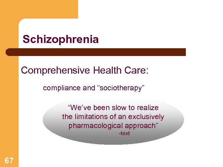 Schizophrenia Comprehensive Health Care: compliance and “sociotherapy” “We’ve been slow to realize the limitations