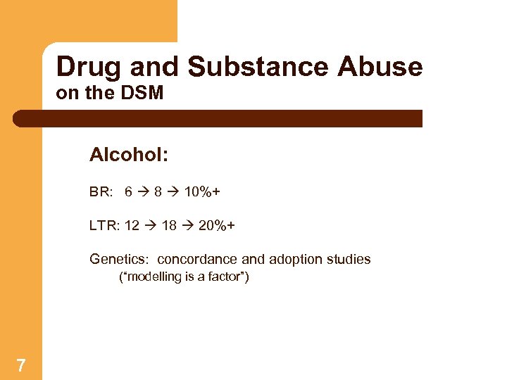 Drug and Substance Abuse on the DSM Alcohol: BR: 6 8 10%+ LTR: 12