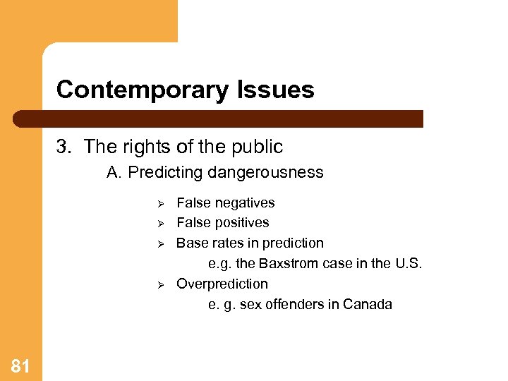 Contemporary Issues 3. The rights of the public A. Predicting dangerousness False negatives Ø