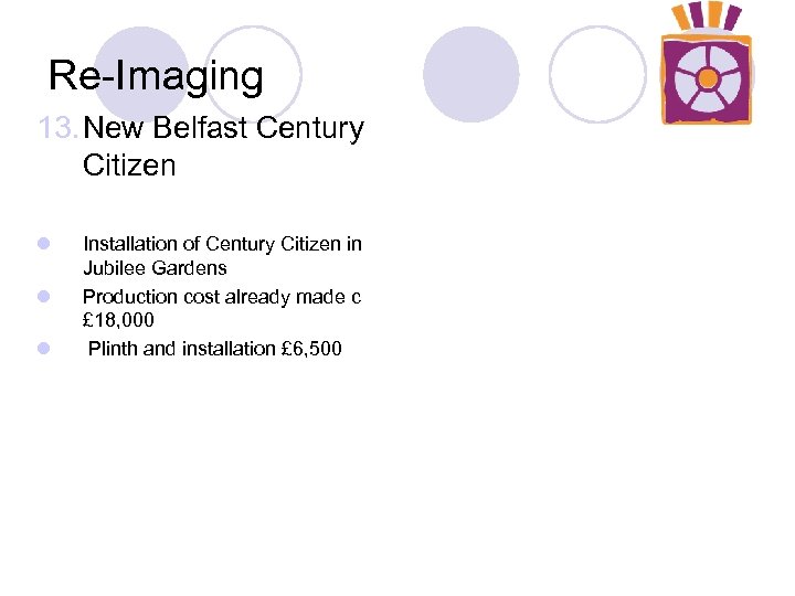 Re-Imaging 13. New Belfast Century Citizen l l l Installation of Century Citizen in