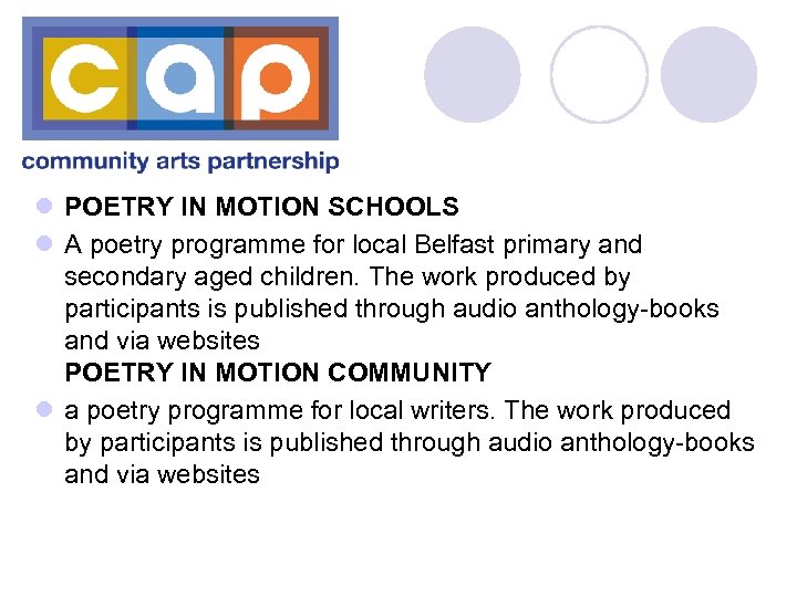l POETRY IN MOTION SCHOOLS l A poetry programme for local Belfast primary and