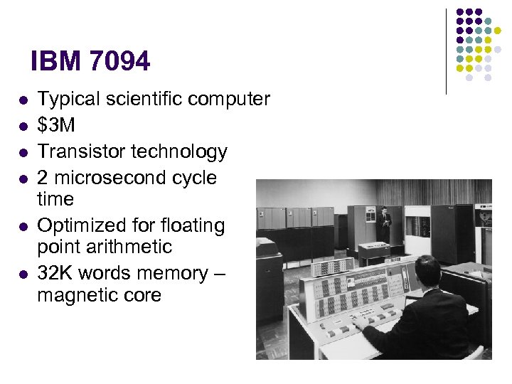 IBM 7094 l l l Typical scientific computer $3 M Transistor technology 2 microsecond