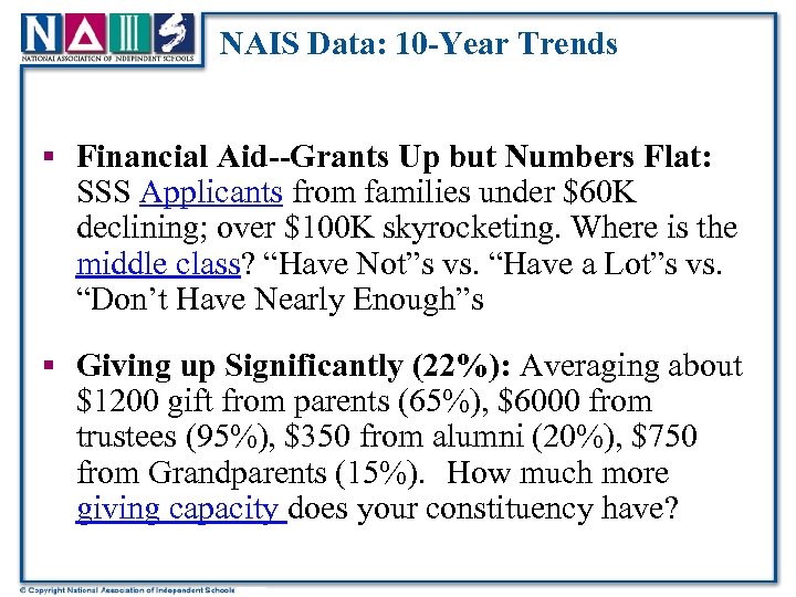 NAIS Data: 10 -Year Trends § Financial Aid--Grants Up but Numbers Flat: SSS Applicants