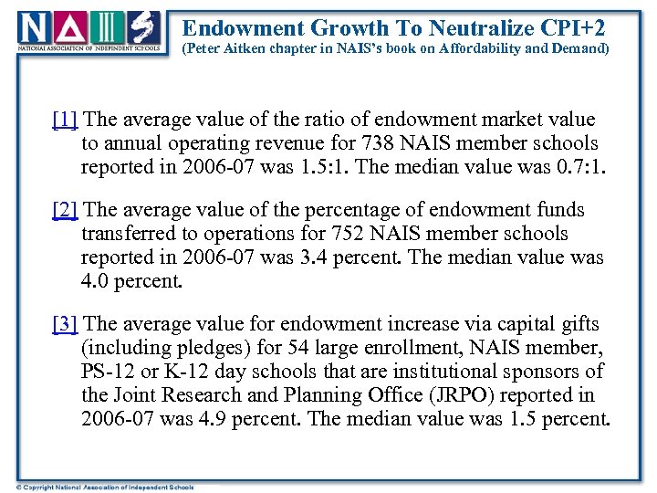 Endowment Growth To Neutralize CPI+2 (Peter Aitken chapter in NAIS’s book on Affordability and