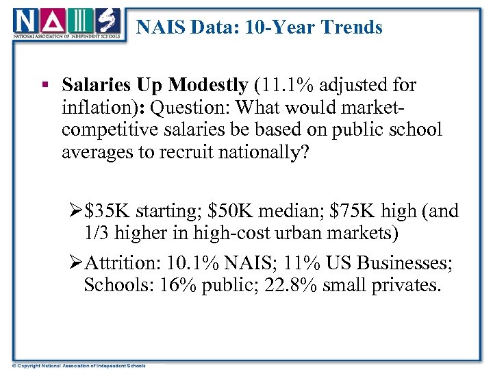 NAIS Data: 10 -Year Trends § Salaries Up Modestly (11. 1% adjusted for inflation):