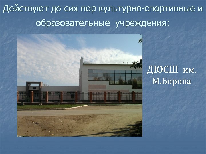 Действуют до сих пор культурно-спортивные и образовательные учреждения: ДЮСШ им. М. Борова 