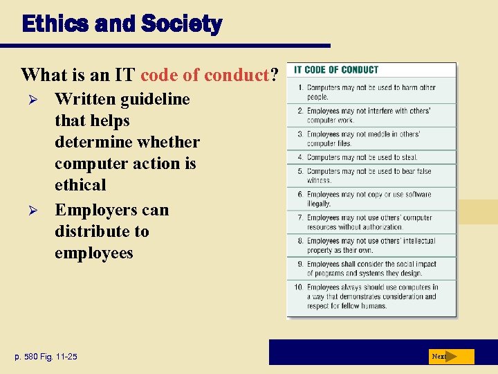 Ethics and Society What is an IT code of conduct? Ø Ø Written guideline