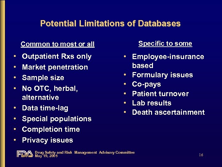 Potential Limitations of Databases Common to most or all • • Specific to some