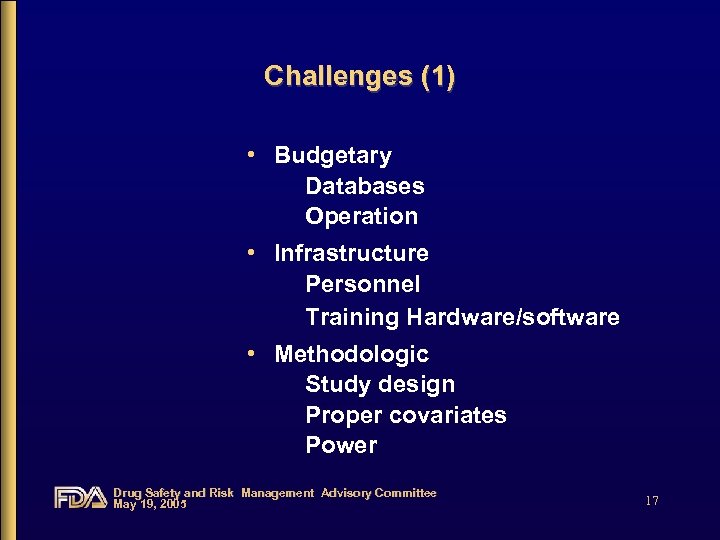 Challenges (1) • Budgetary Databases Operation • Infrastructure Personnel Training Hardware/software • Methodologic Study