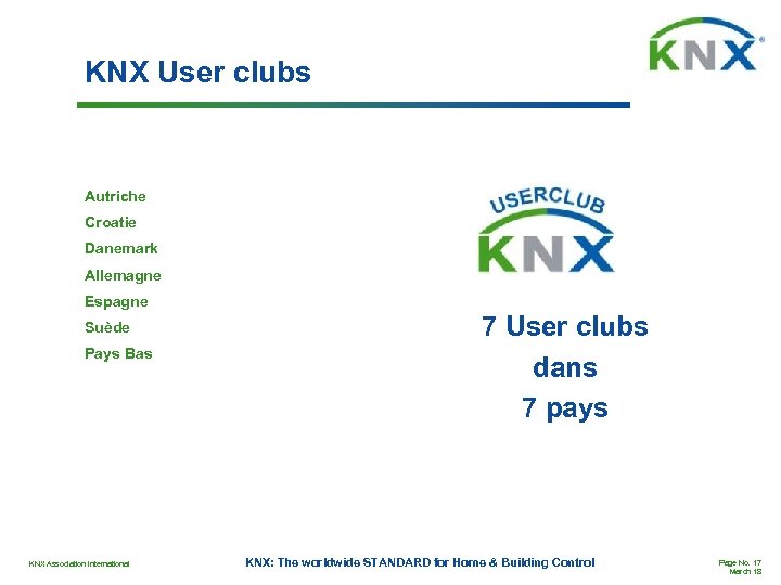 KNX User clubs Autriche Croatie Danemark Allemagne Espagne Suède Pays Bas KNX Association International