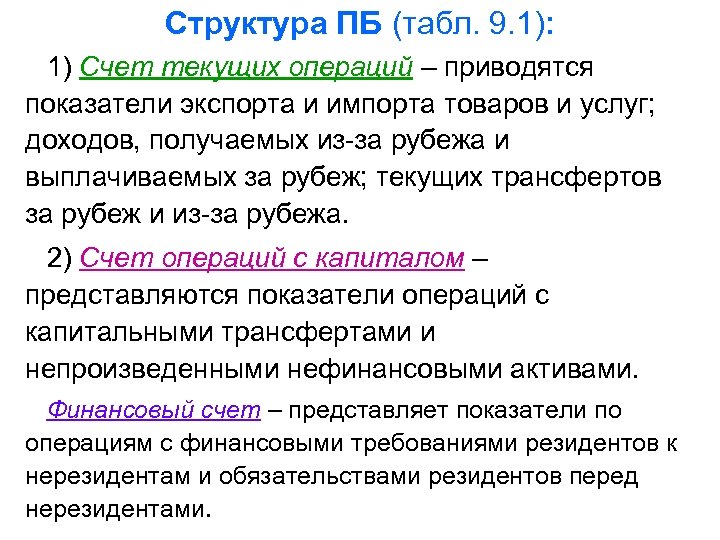 Структура ПБ (табл. 9. 1): 1) Счет текущих операций – приводятся показатели экспорта и