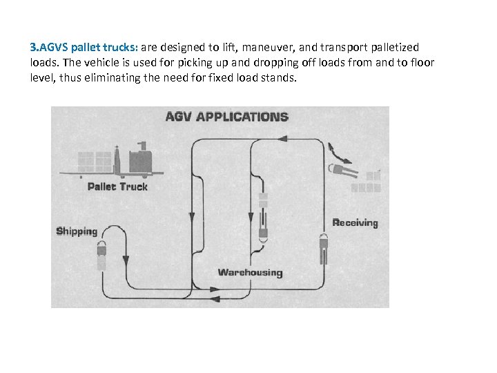 3. AGVS pallet trucks: are designed to lift, maneuver, and transport palletized loads. The