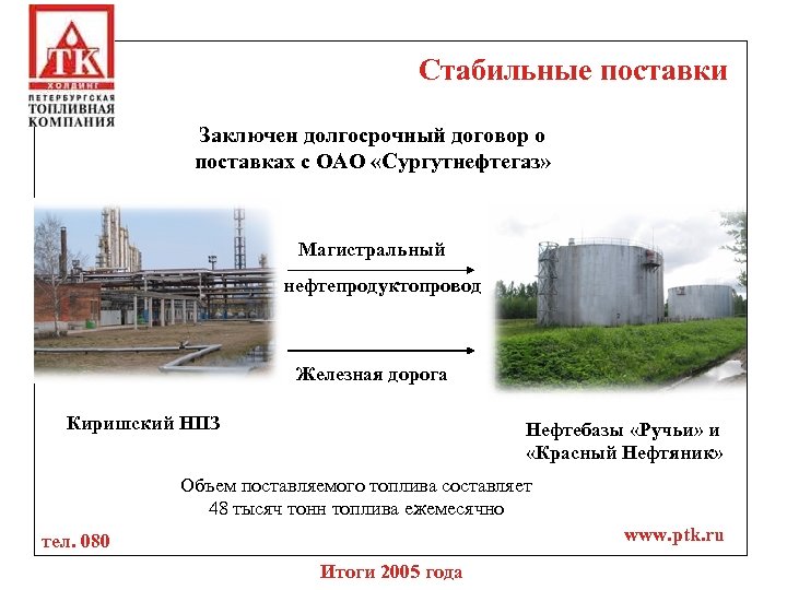 Стабильные поставки Заключен долгосрочный договор о поставках с ОАО «Сургутнефтегаз» Магистральный нефтепродуктопровод Железная дорога