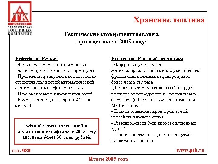 Хранение топлива Технические усовершенствования, проведенные в 2005 году: Нефтебаза «Ручьи» - Замена устройств нижнего