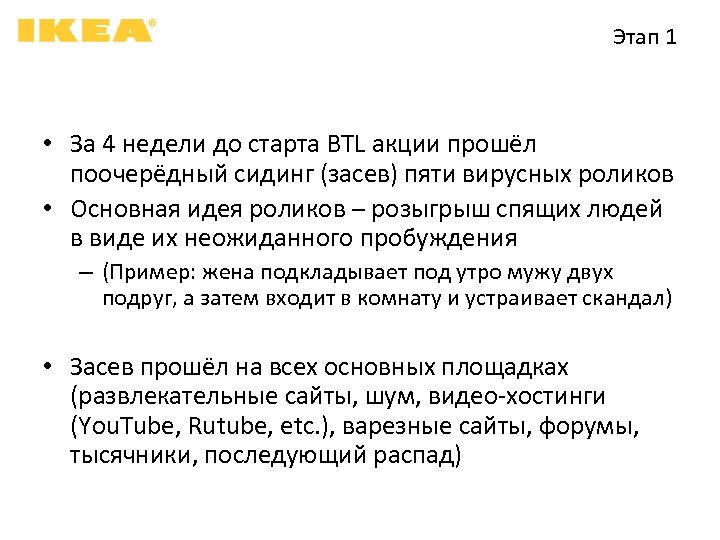 Этап 1 • За 4 недели до старта BTL акции прошёл поочерёдный сидинг (засев)