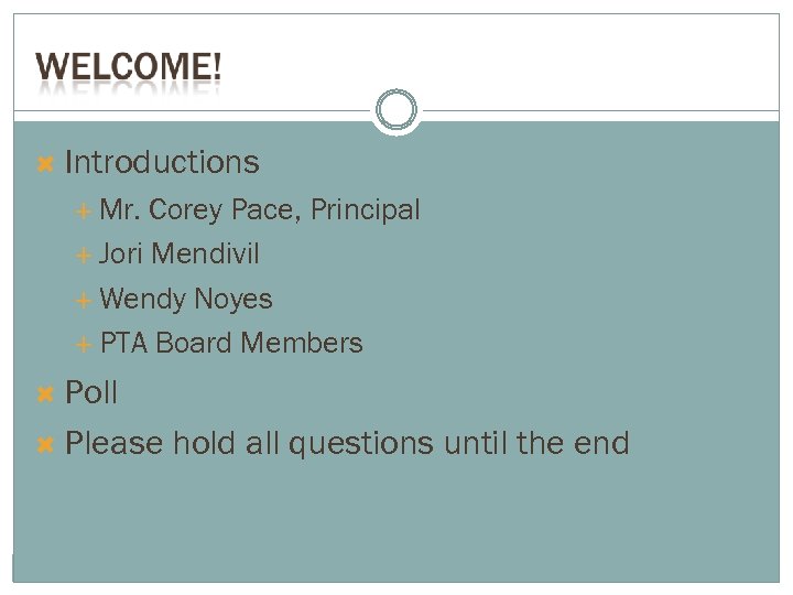  Introductions Mr. Corey Pace, Principal Jori Mendivil Wendy Noyes PTA Board Members Poll