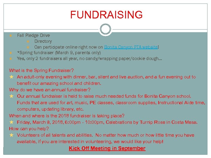 FUNDRAISING Fall Pledge Drive Directory Can participate online right now on Bonita Canyon PTA