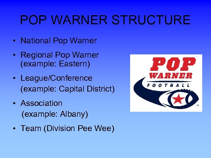 POP WARNER STRUCTURE • National Pop Warner • Regional Pop Warner (example: Eastern) •
