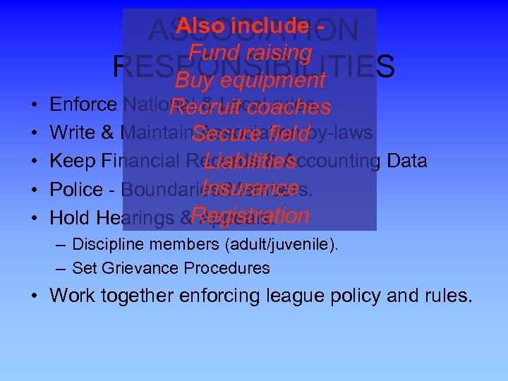 Also include ASSOCIATION Fund raising RESPONSIBILITIES Buy equipment • • • Enforce National &