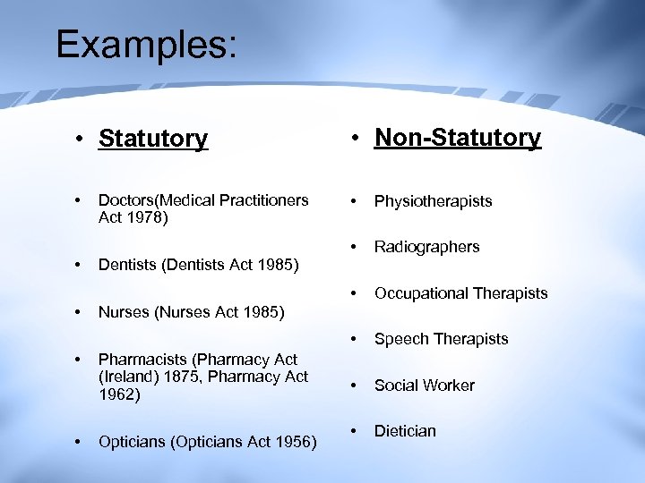 Examples: • Statutory • Non-Statutory • • Physiotherapists • Radiographers • Occupational Therapists •