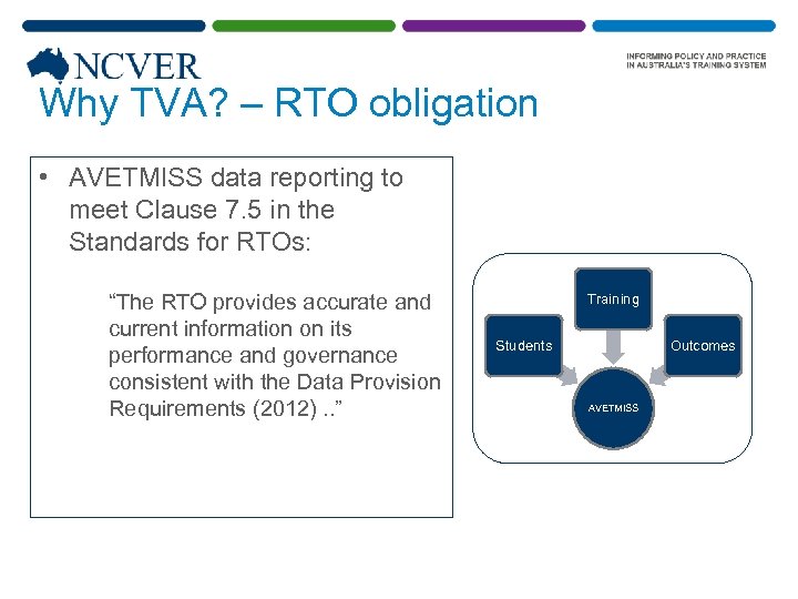 Why TVA? – RTO obligation • AVETMISS data reporting to meet Clause 7. 5