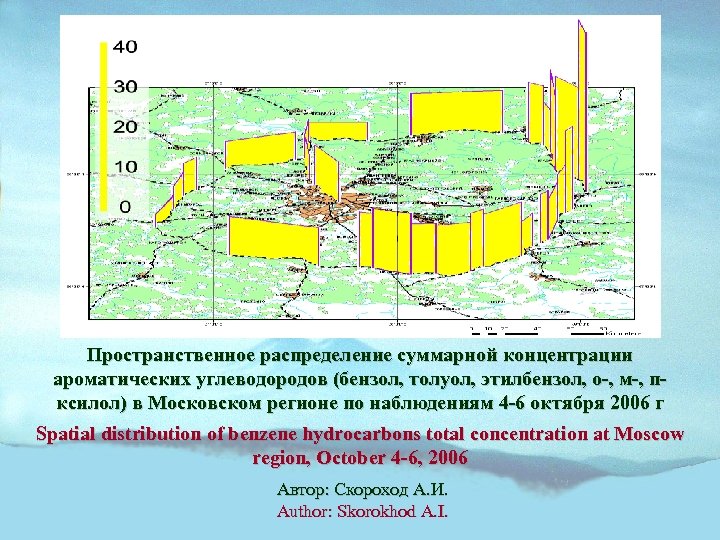 Пространственное распределение суммарной концентрации ароматических углеводородов (бензол, толуол, этилбензол, о-, м-, пксилол) в Московском