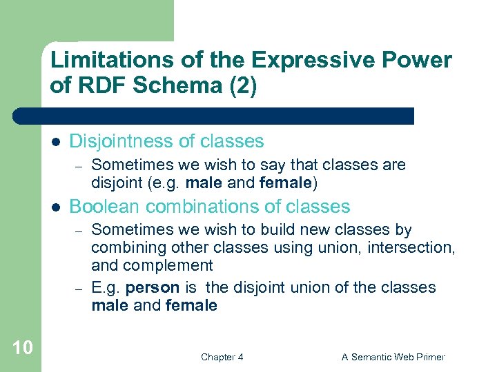 Limitations of the Expressive Power of RDF Schema (2) l Disjointness of classes –