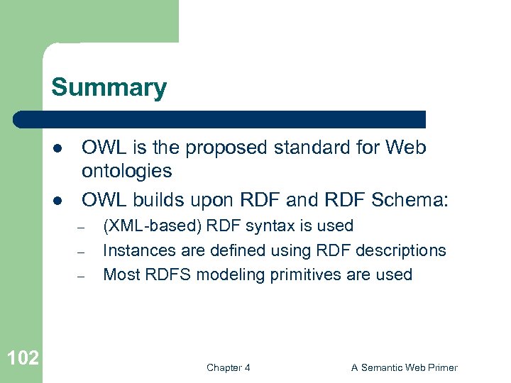 Summary l l OWL is the proposed standard for Web ontologies OWL builds upon