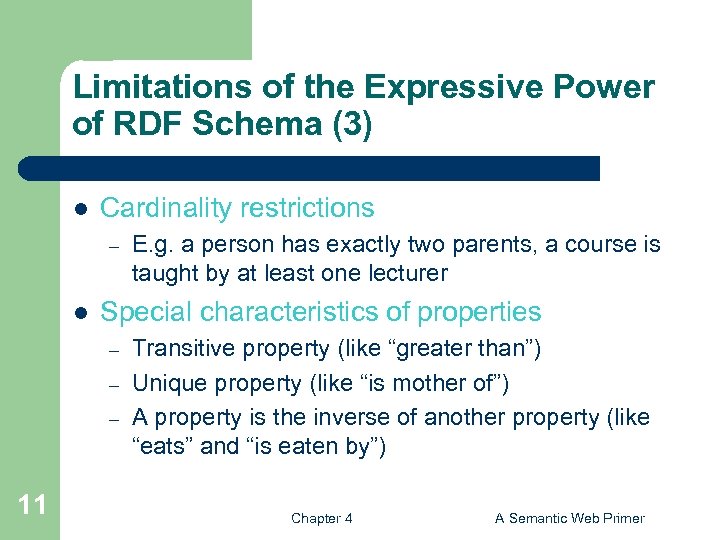 Limitations of the Expressive Power of RDF Schema (3) l Cardinality restrictions – l