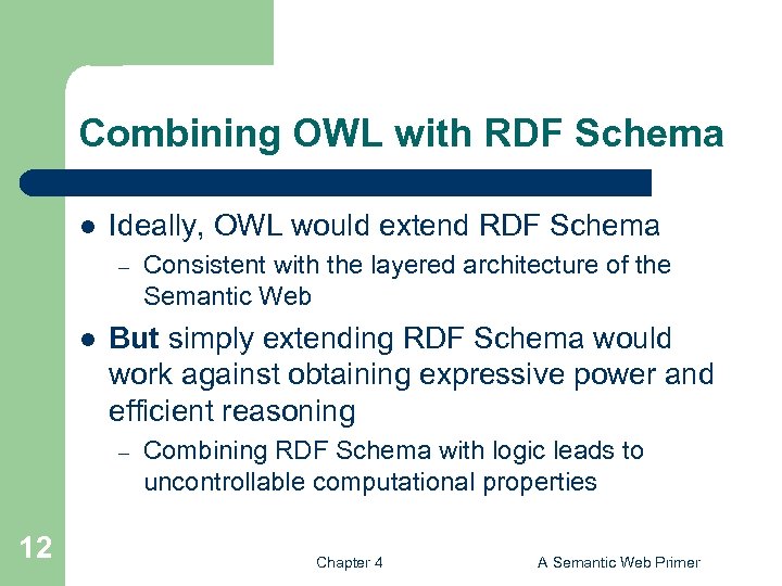 Combining OWL with RDF Schema l Ideally, OWL would extend RDF Schema – l