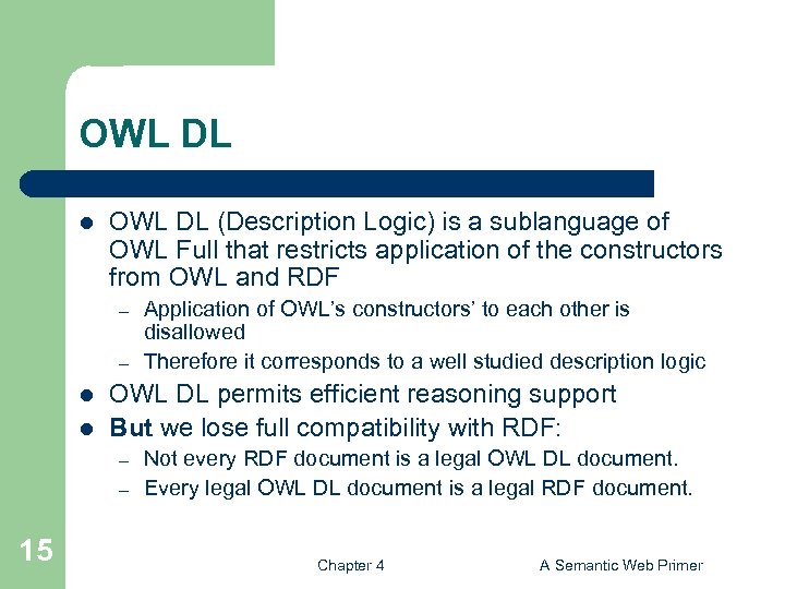 OWL DL l OWL DL (Description Logic) is a sublanguage of OWL Full that