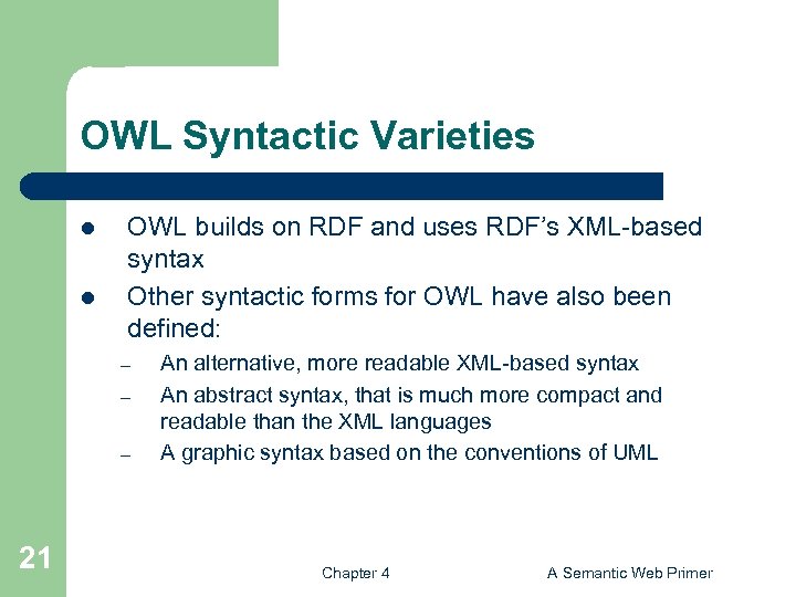 OWL Syntactic Varieties l l OWL builds on RDF and uses RDF’s XML-based syntax