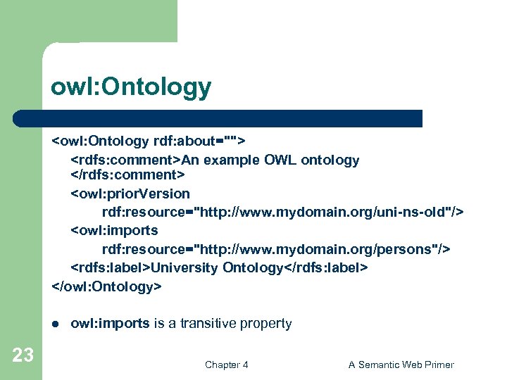 owl: Ontology <owl: Ontology rdf: about=""> <rdfs: comment>An example OWL ontology </rdfs: comment> <owl: