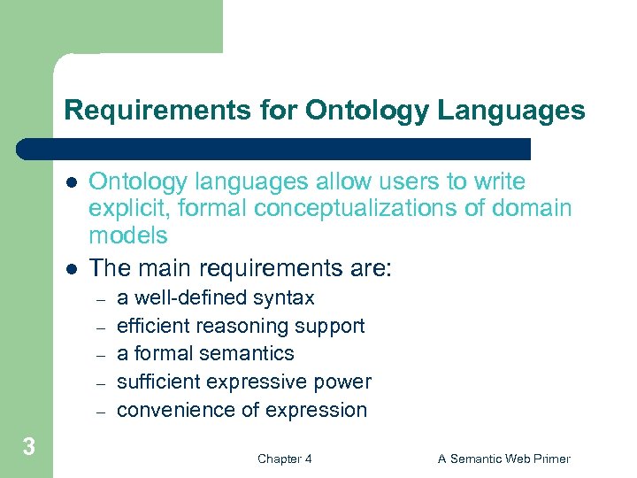 Requirements for Ontology Languages l l Ontology languages allow users to write explicit, formal