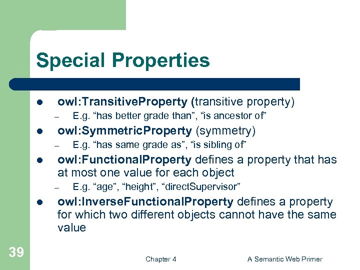 Special Properties l owl: Transitive. Property (transitive property) – l owl: Symmetric. Property (symmetry)