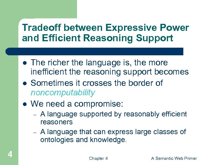 Tradeoff between Expressive Power and Efficient Reasoning Support l l l The richer the