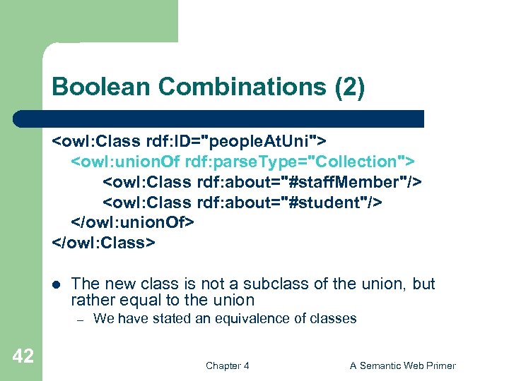 Boolean Combinations (2) <owl: Class rdf: ID="people. At. Uni"> <owl: union. Of rdf: parse.