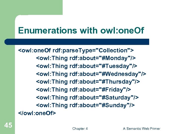 Enumerations with owl: one. Of <owl: one. Of rdf: parse. Type="Collection"> <owl: Thing rdf: