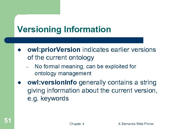 Versioning Information l owl: prior. Version indicates earlier versions of the current ontology –