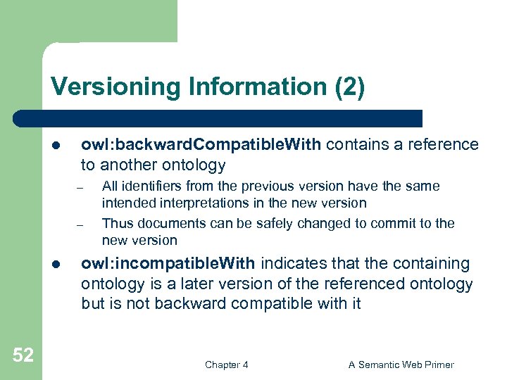 Versioning Information (2) l owl: backward. Compatible. With contains a reference to another ontology